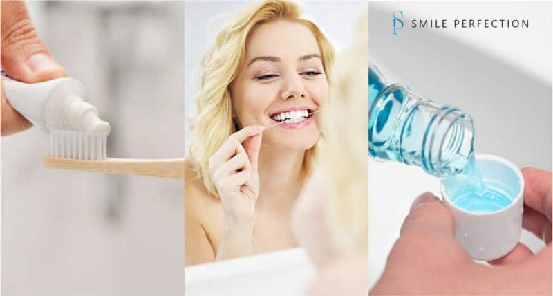 3 images about dental hygiene. a toothbrush, woman using dental floss and a mouthwash